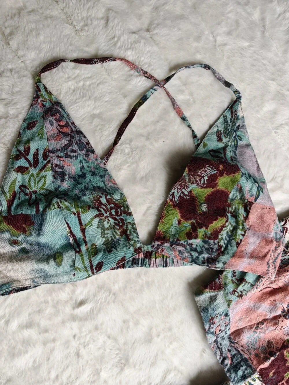 Free People 3 Piece Patchwork Linen Blend Set S Boho Kimono Shorts Bralette Fest
